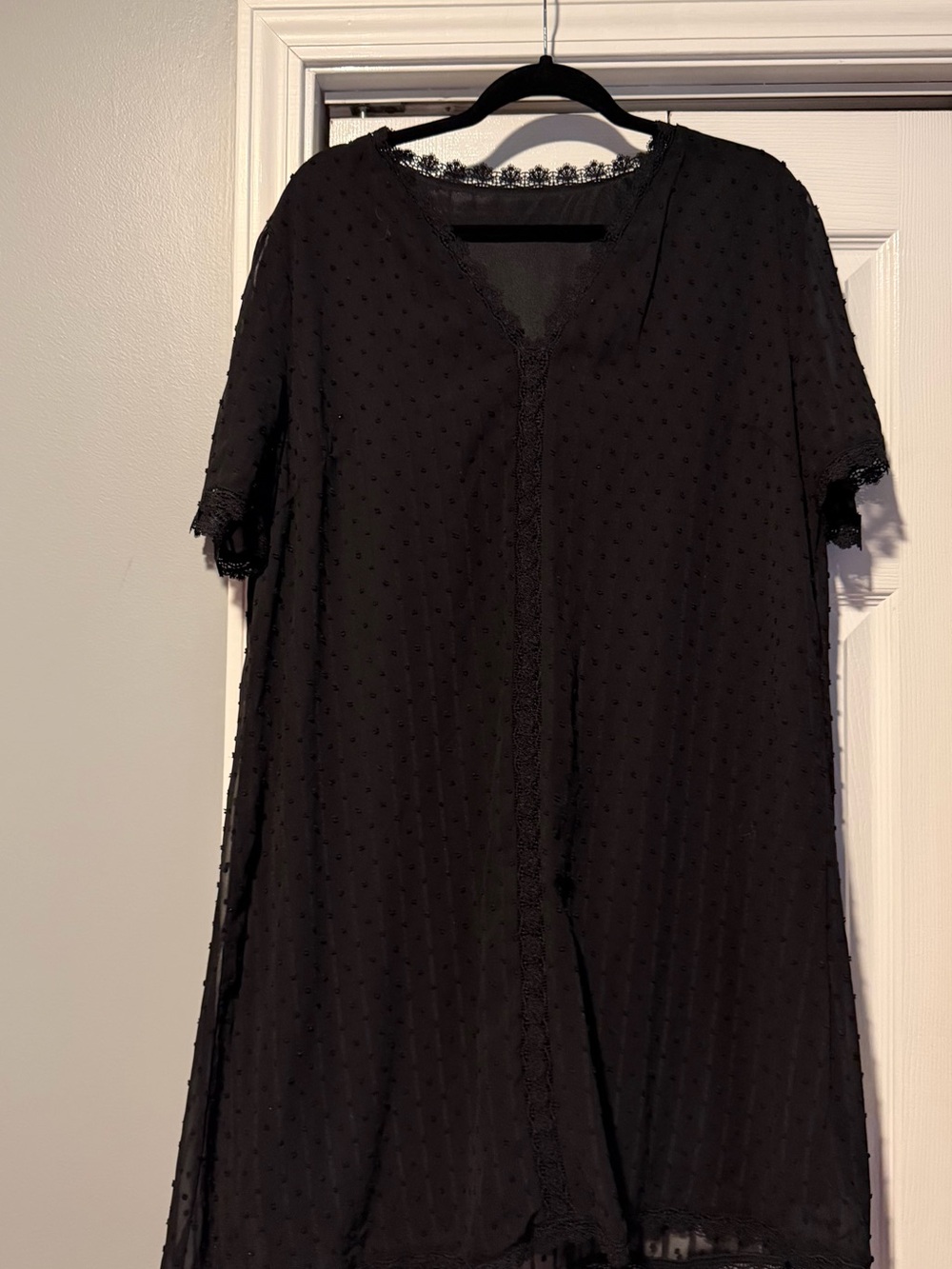 Black Swiss Dot Mini Dress with Lace Trim